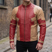 Men's Tan and Red Leather Cafe Racer Jacket — Glatton