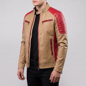 Men's Tan and Red Quilted Leather Cafe Racer Jacket — Egremont