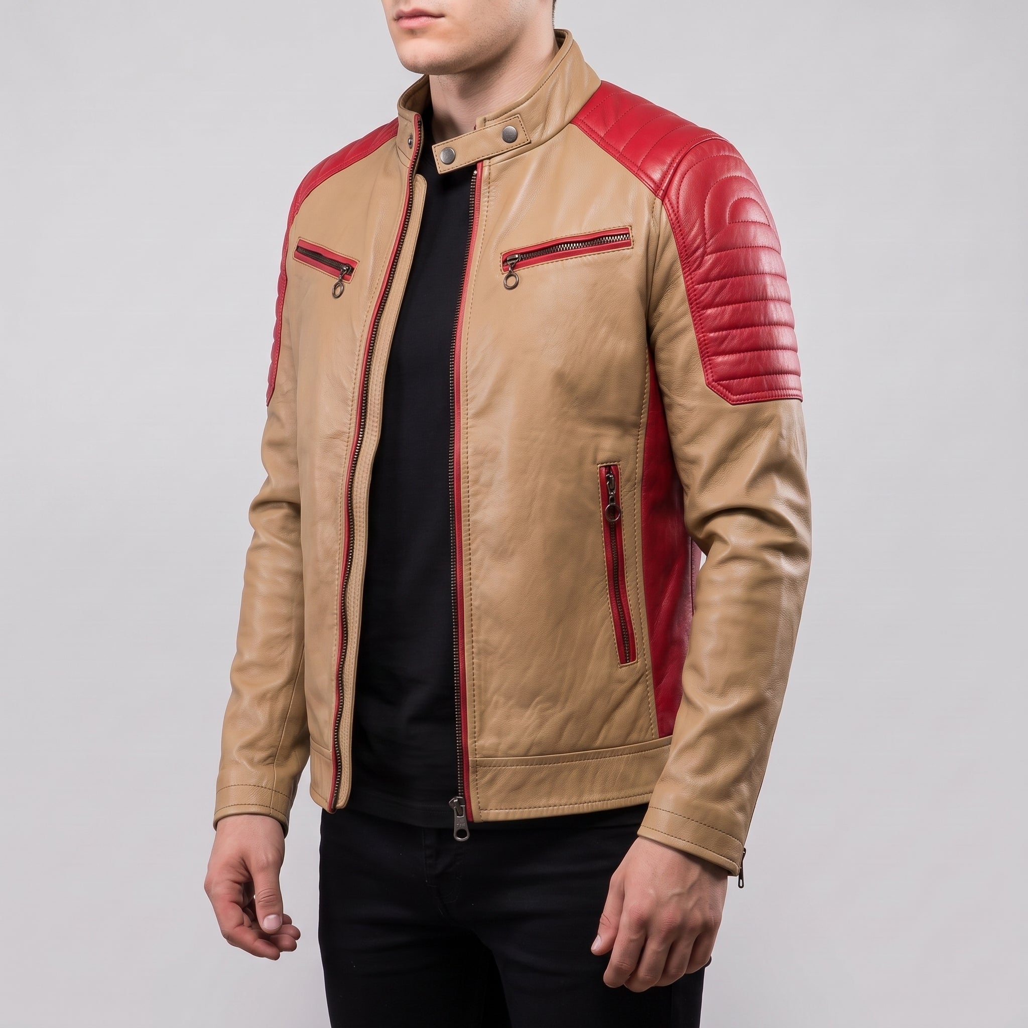 Men's Tan and Red Quilted Leather Cafe Racer Jacket — Egremont