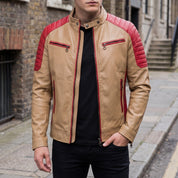 Men's Tan and Red Quilted Leather Cafe Racer Jacket — Egremont
