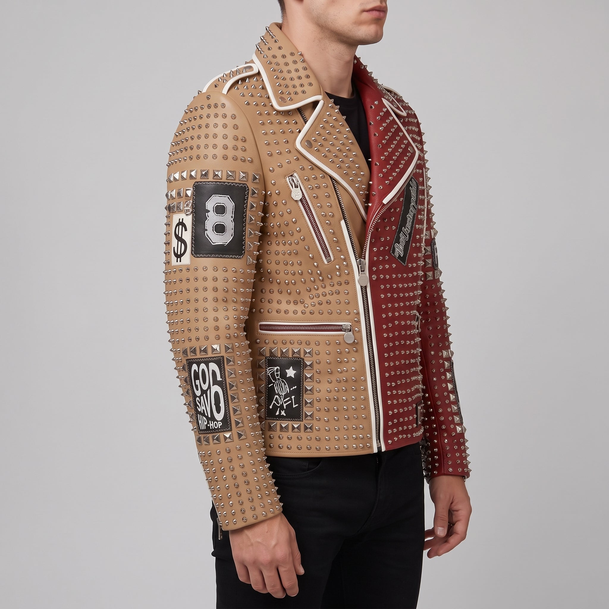 Men's Tan and Red Two-Tone Leather Perfecto Biker Jacket — Morris