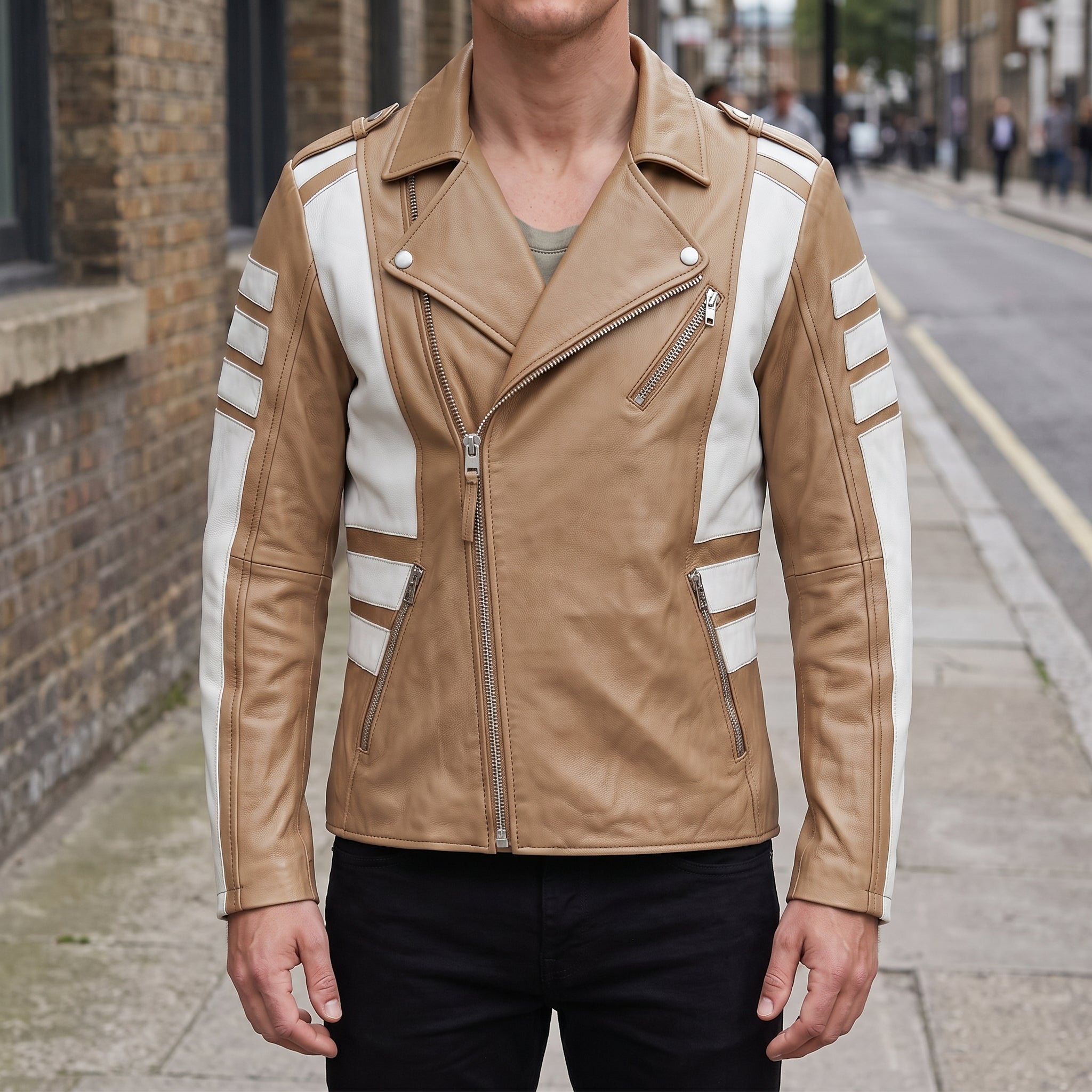 Men's Tan and White Leather Perfecto Biker Jacket — Blunt
