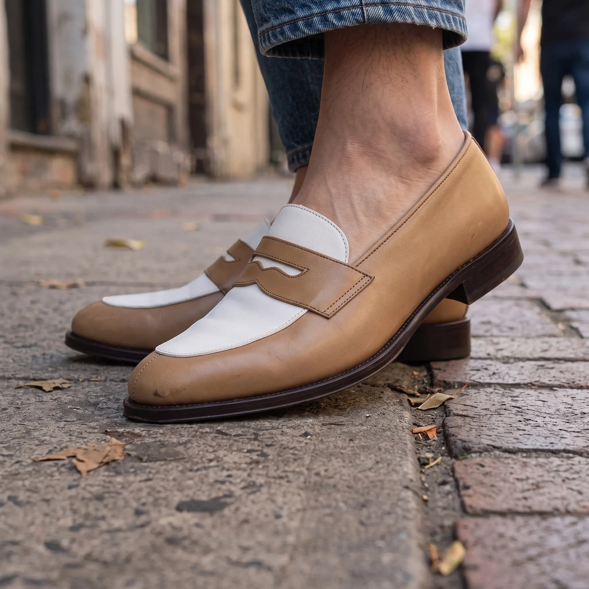 Men's Tan and White Plain-Toe Leather Spectator Penny Loafers — Connell