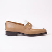 Men's Tan and White Plain-Toe Leather Spectator Penny Loafers — Connell