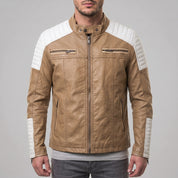 Men's Tan and White Quilted Leather Cafe Racer Jacket — Adbury