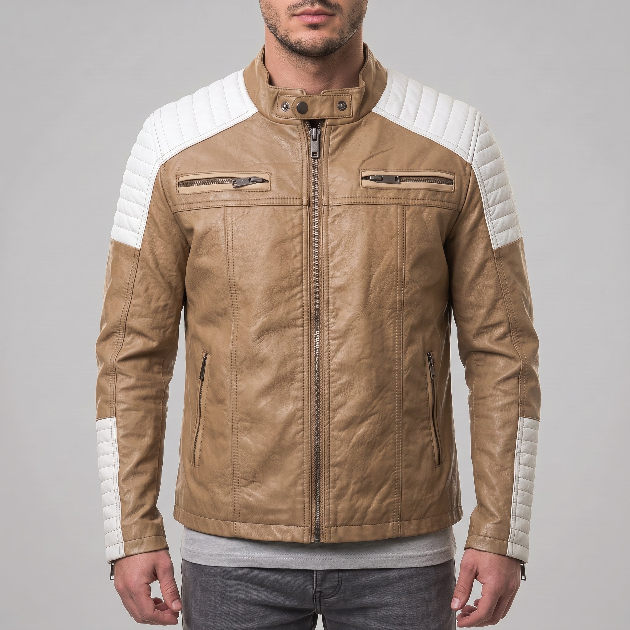 Men's Tan and White Quilted Leather Cafe Racer Jacket — Adbury