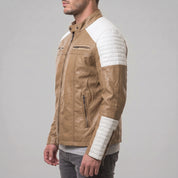 Men's Tan and White Quilted Leather Cafe Racer Jacket — Adbury