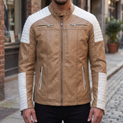 Men's Tan and White Quilted Leather Cafe Racer Jacket — Adbury