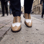 Men's Tan and White Wingtip Leather Spectator Oxfords — Bridgham