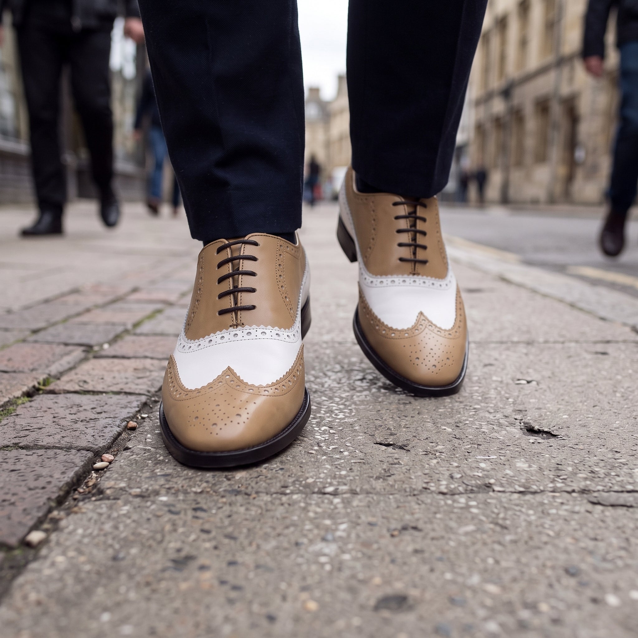 Men's Tan and White Wingtip Leather Spectator Oxfords — Bridgham