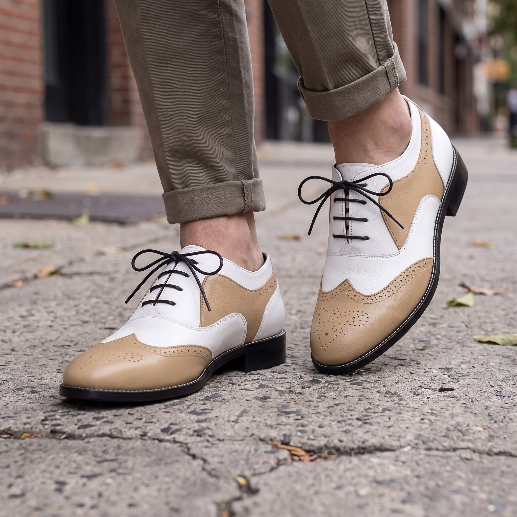Men's Tan and White Wingtip Leather Spectator Oxfords — Calthorpe