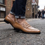 Men's Tan Cap-Toe Alligator-Embossed Leather Penny Loafers — Edwin