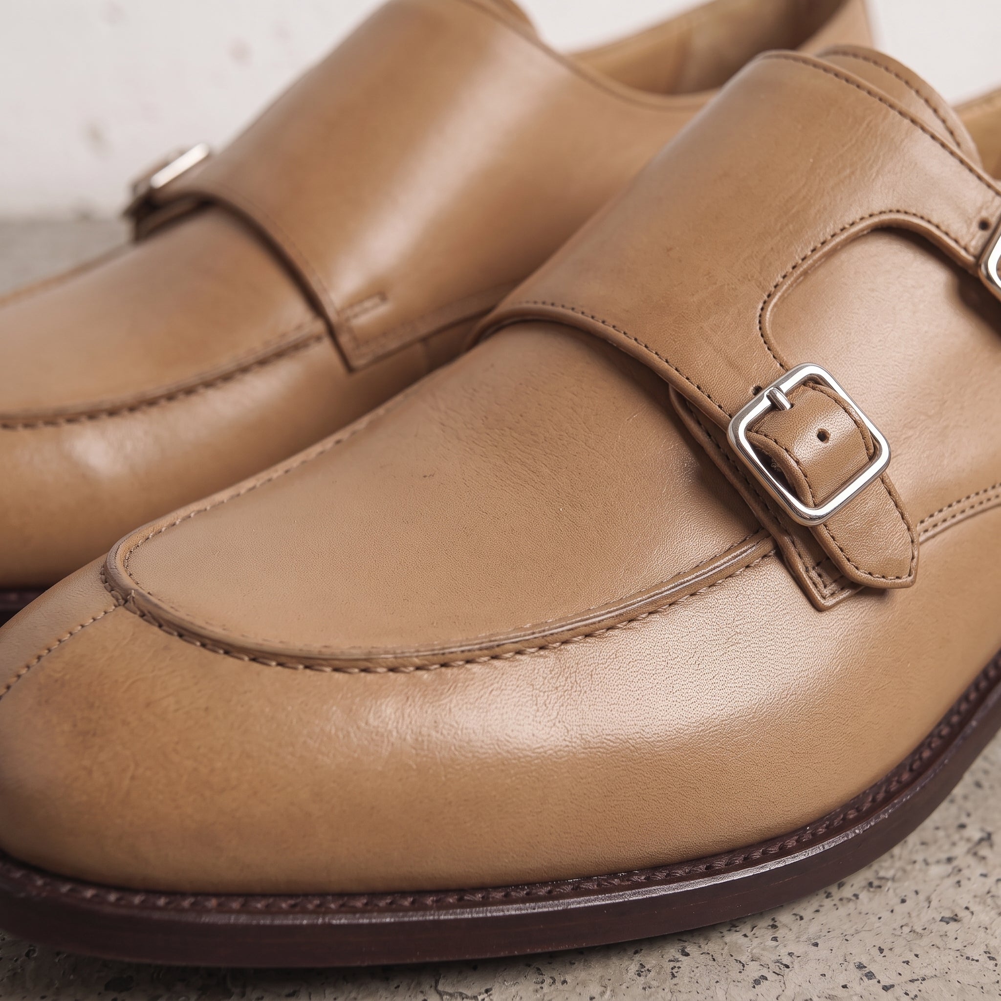 Men's Tan Apron-Toe Leather Double Monk Strap Shoes — Hawkins