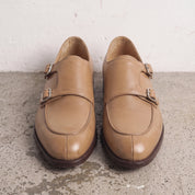 Men's Tan Apron-Toe Leather Double Monk Strap Shoes — Hawkins