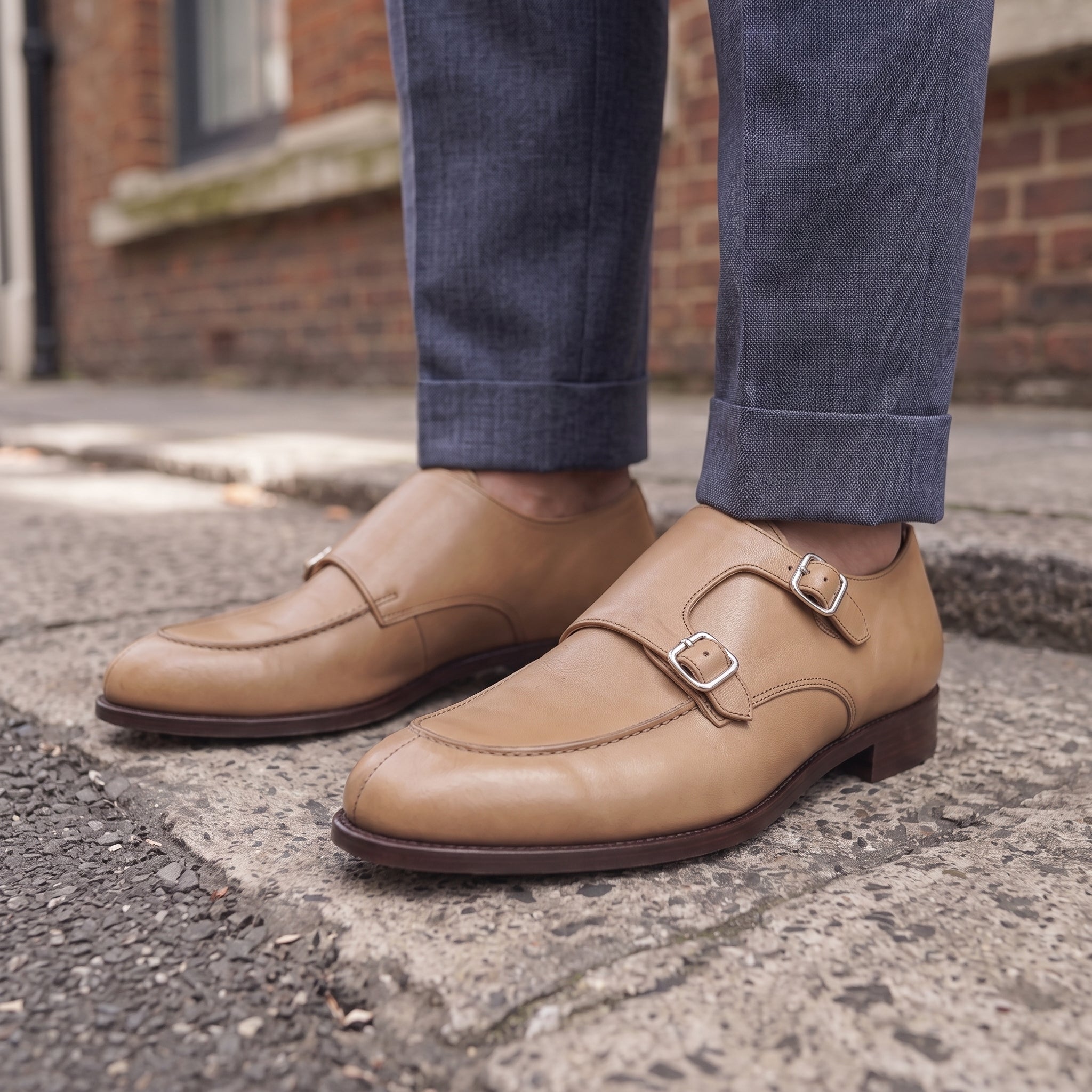 Men's Tan Apron-Toe Leather Double Monk Strap Shoes — Hawkins