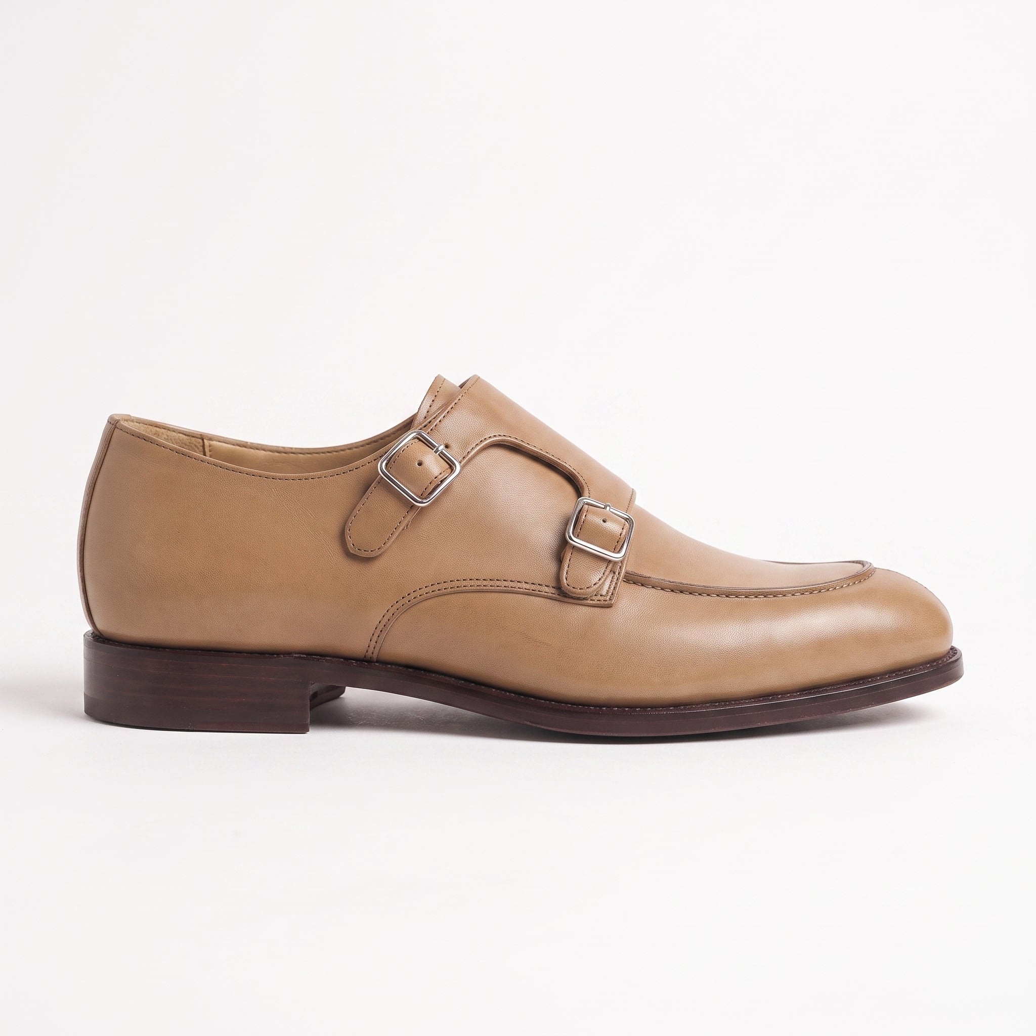 Men's Tan Apron-Toe Leather Double Monk Strap Shoes — Hawkins