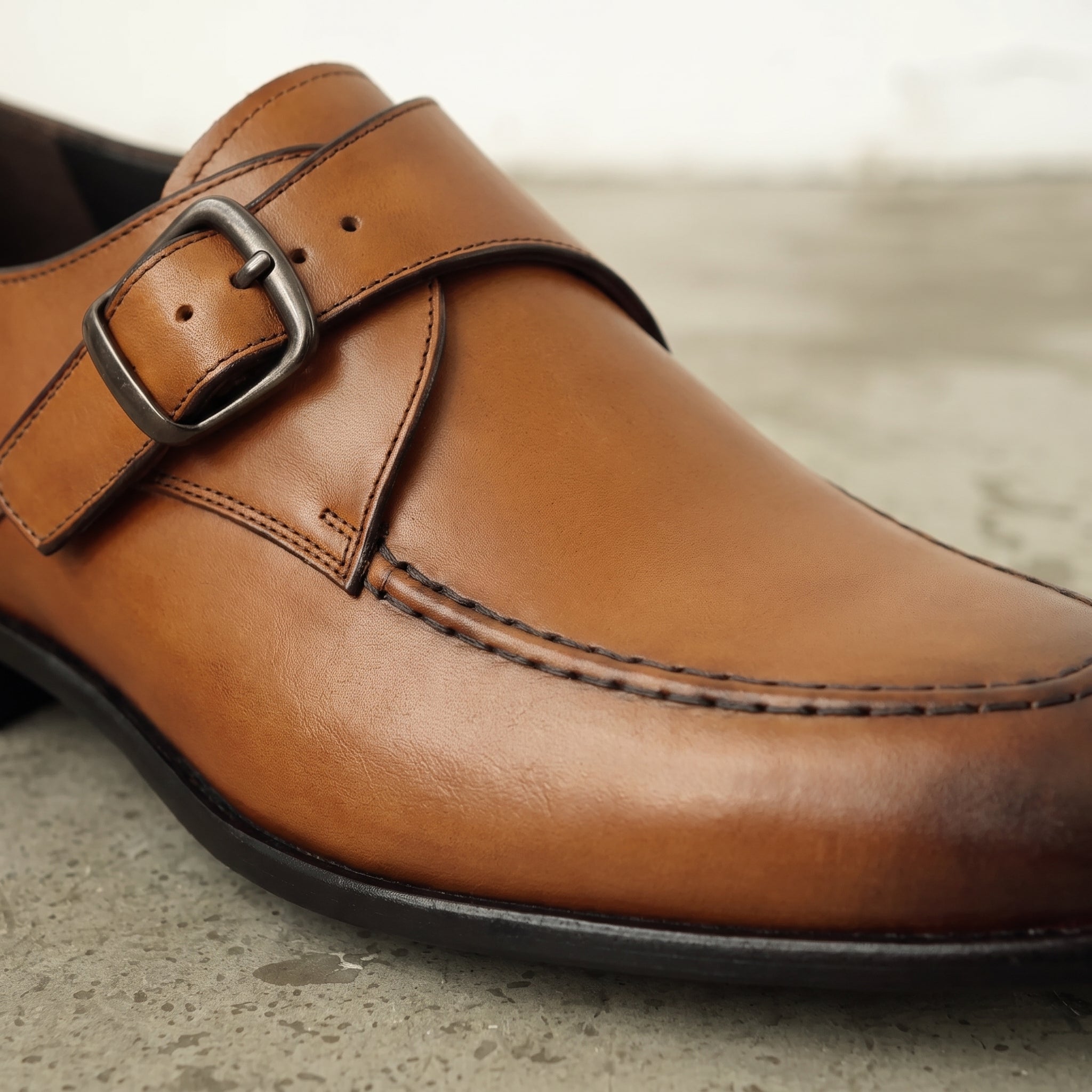 Men's Tan Apron-Toe Leather Monk Strap Shoes — Axmouth