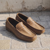 Men's Tan Apron-Toe Leather Penny Loafers — Liversedge