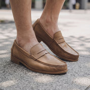 Men's Tan Apron-Toe Leather Penny Loafers — Liversedge