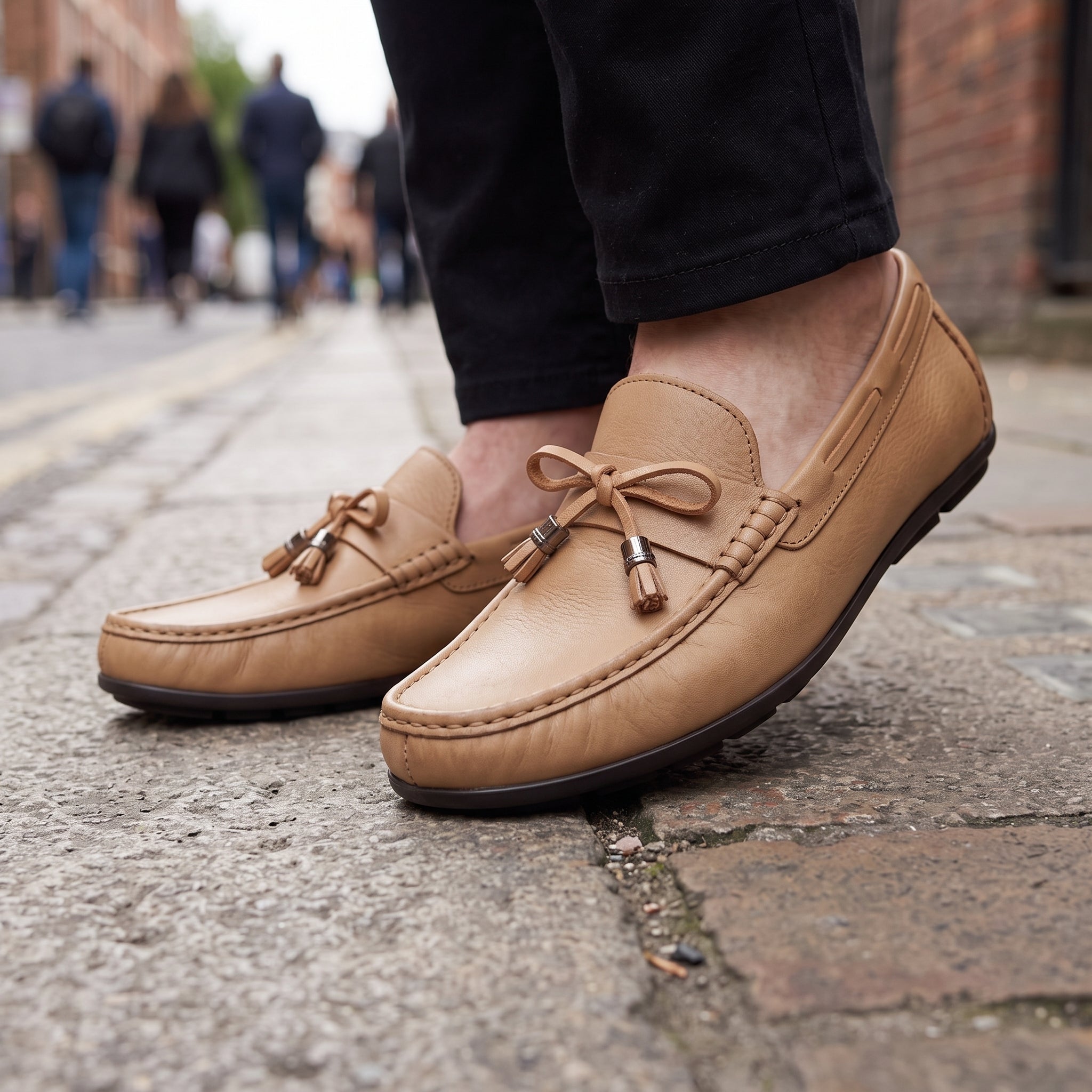 Men's Tan Apron-Toe Leather Tassel Loafers — Birtley