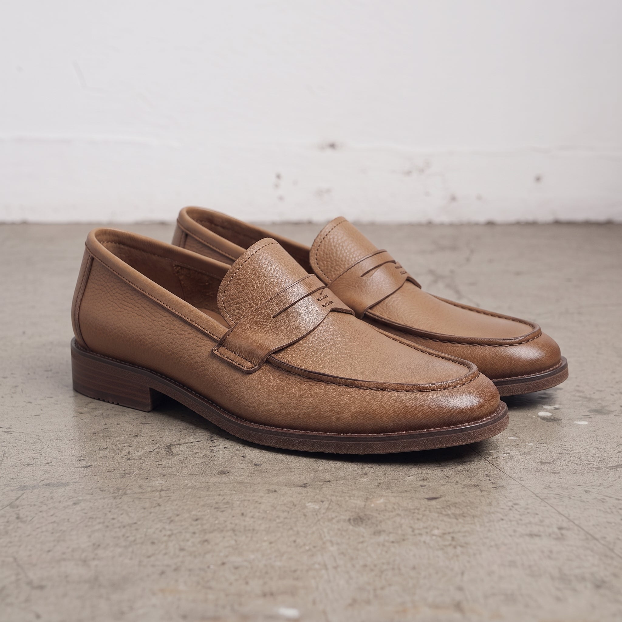 Men's Tan Apron-Toe Pebbled Leather Penny Loafers — Lanyon
