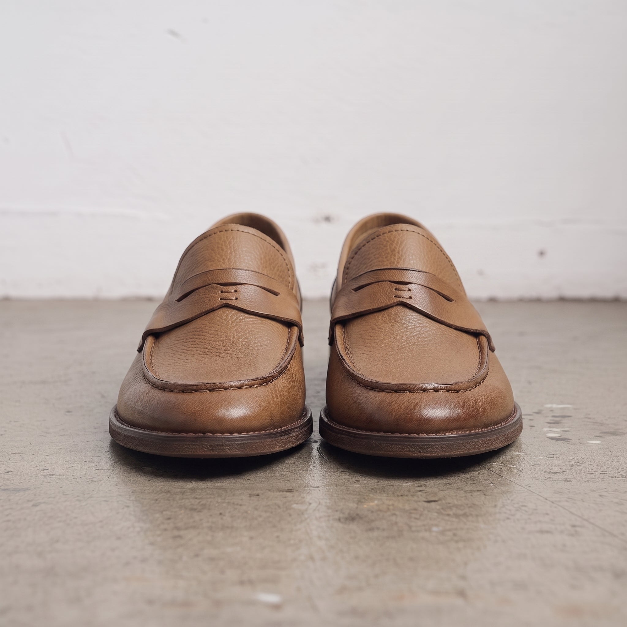 Men's Tan Apron-Toe Pebbled Leather Penny Loafers — Lanyon