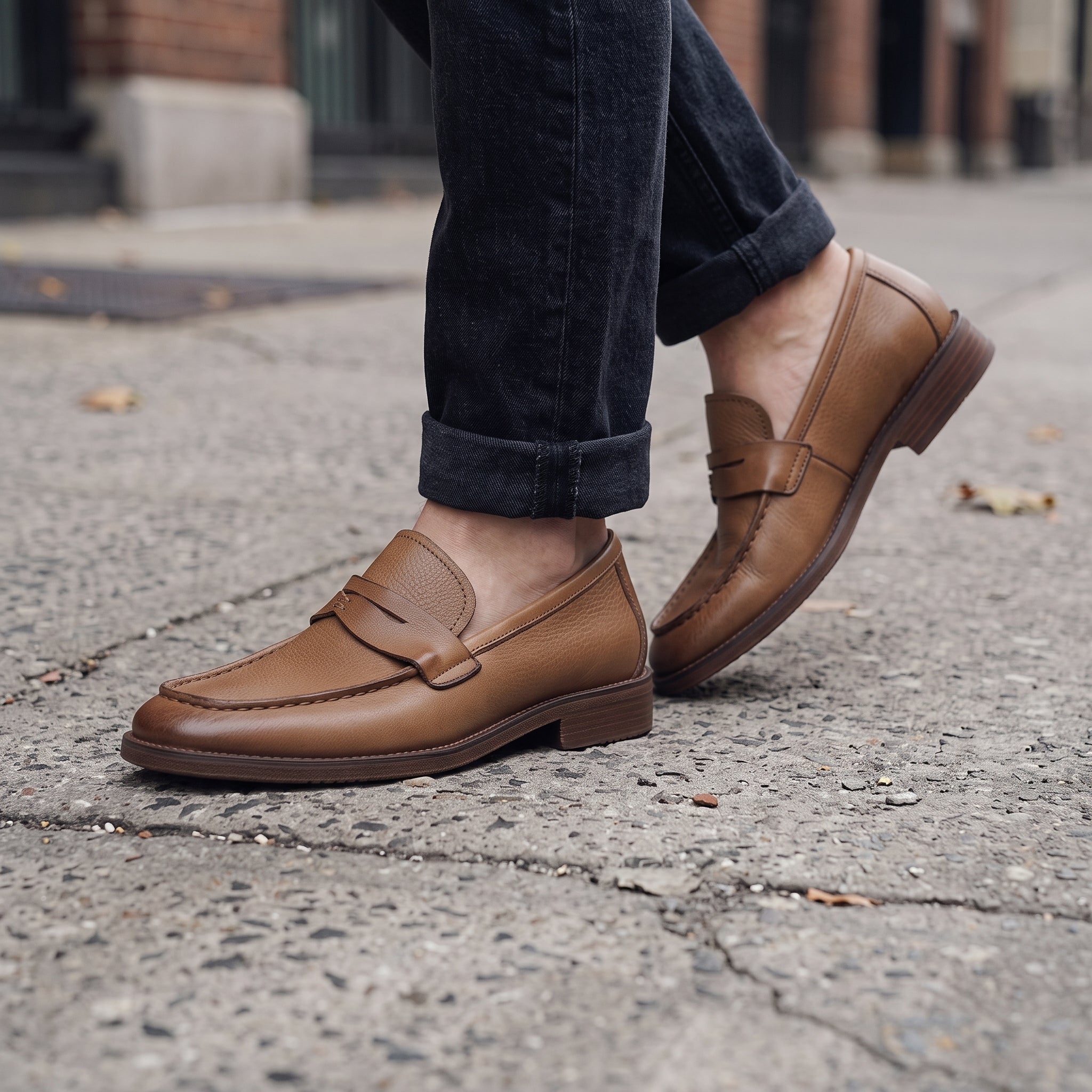Men's Tan Apron-Toe Pebbled Leather Penny Loafers — Lanyon
