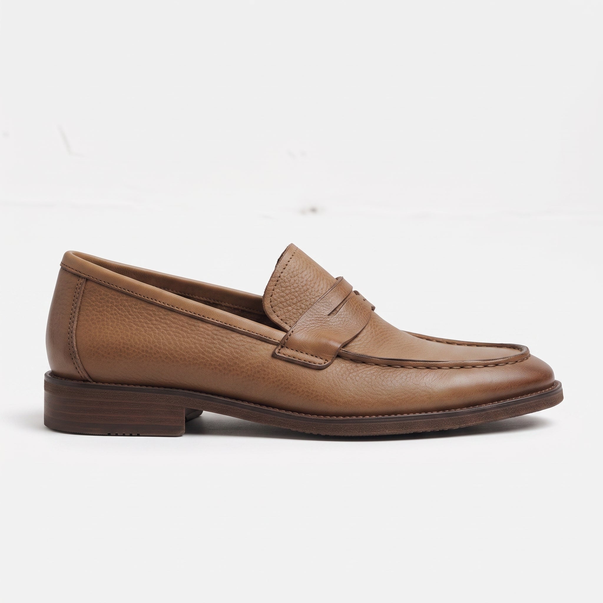 Men's Tan Apron-Toe Pebbled Leather Penny Loafers — Lanyon
