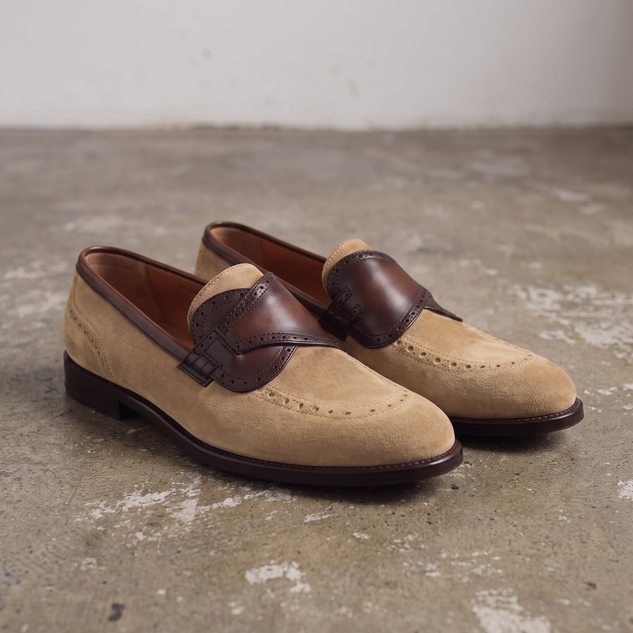 Men's Tan Suede Apron-Toe Loafers — Carron