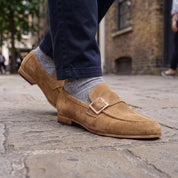 Men's Tan Apron-Toe Suede Monk Strap Loafers — Dishington