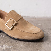 Men's Tan Apron-Toe Suede Monk Strap Loafers — Tipton