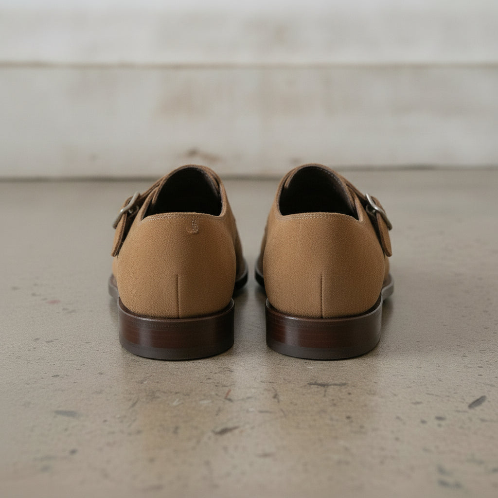 Men's Tan Apron-Toe Suede Monk Strap Shoes — Bagborough