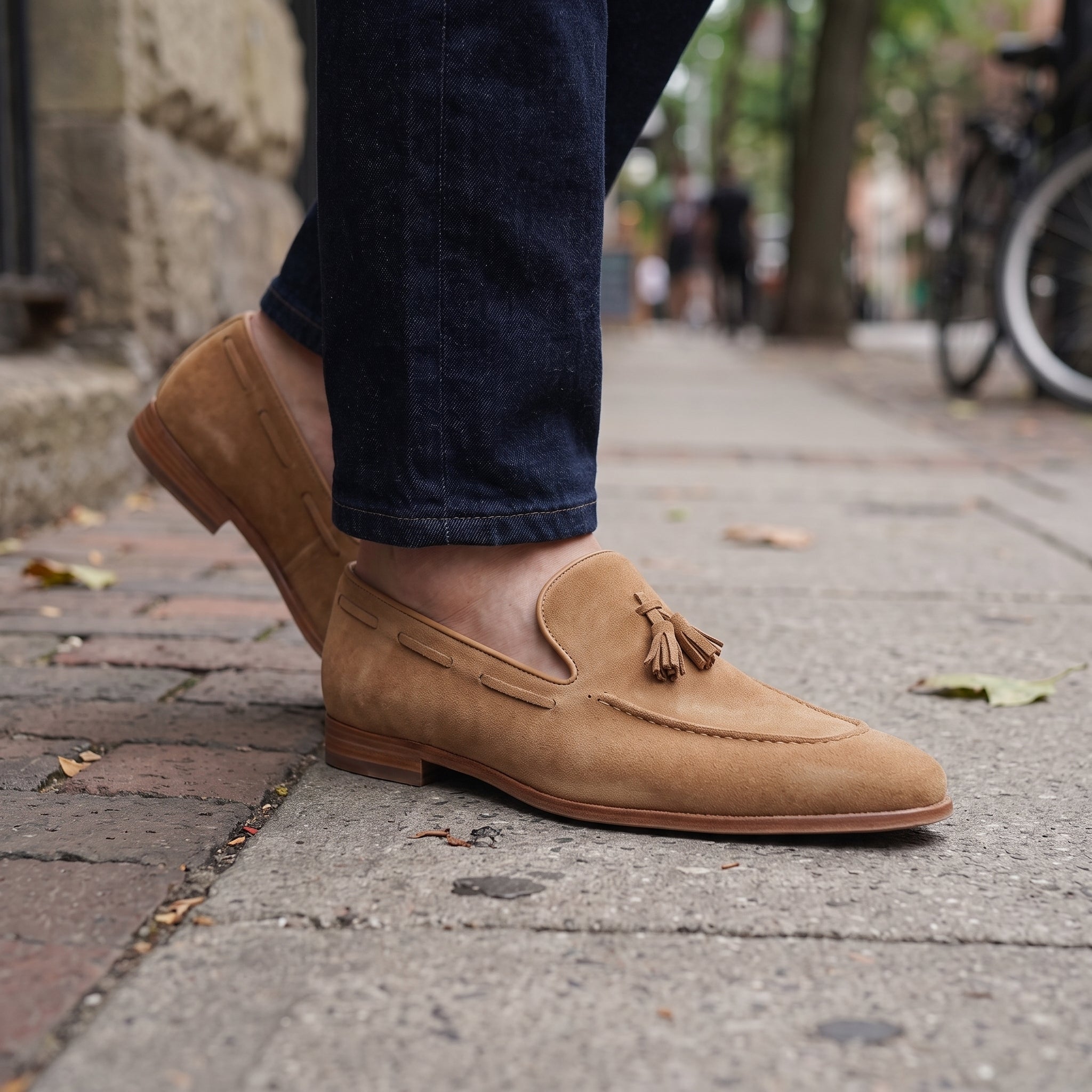 Men's Tan Apron-Toe Suede Tassel Loafers — Dorking