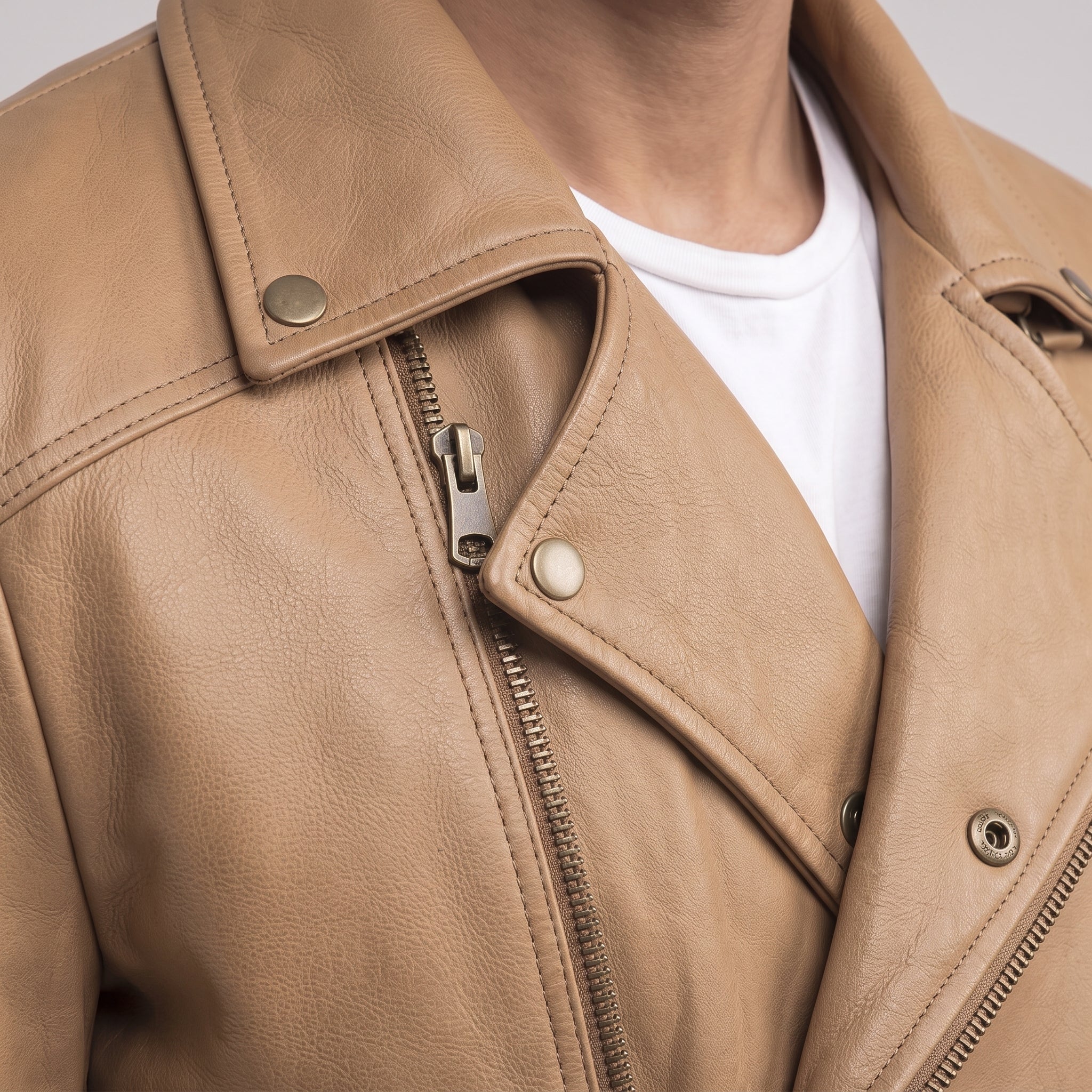 Men's Tan Asymmetric Zip Leather Biker Jacket — Bicton