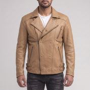 Men's Tan Asymmetric Zip Leather Biker Jacket — Bicton