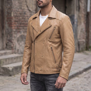 Men's Tan Asymmetric Zip Leather Biker Jacket — Bicton