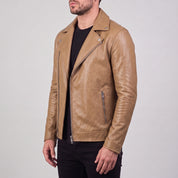 Men's Tan Asymmetric Zip Leather Biker Jacket — Claverley