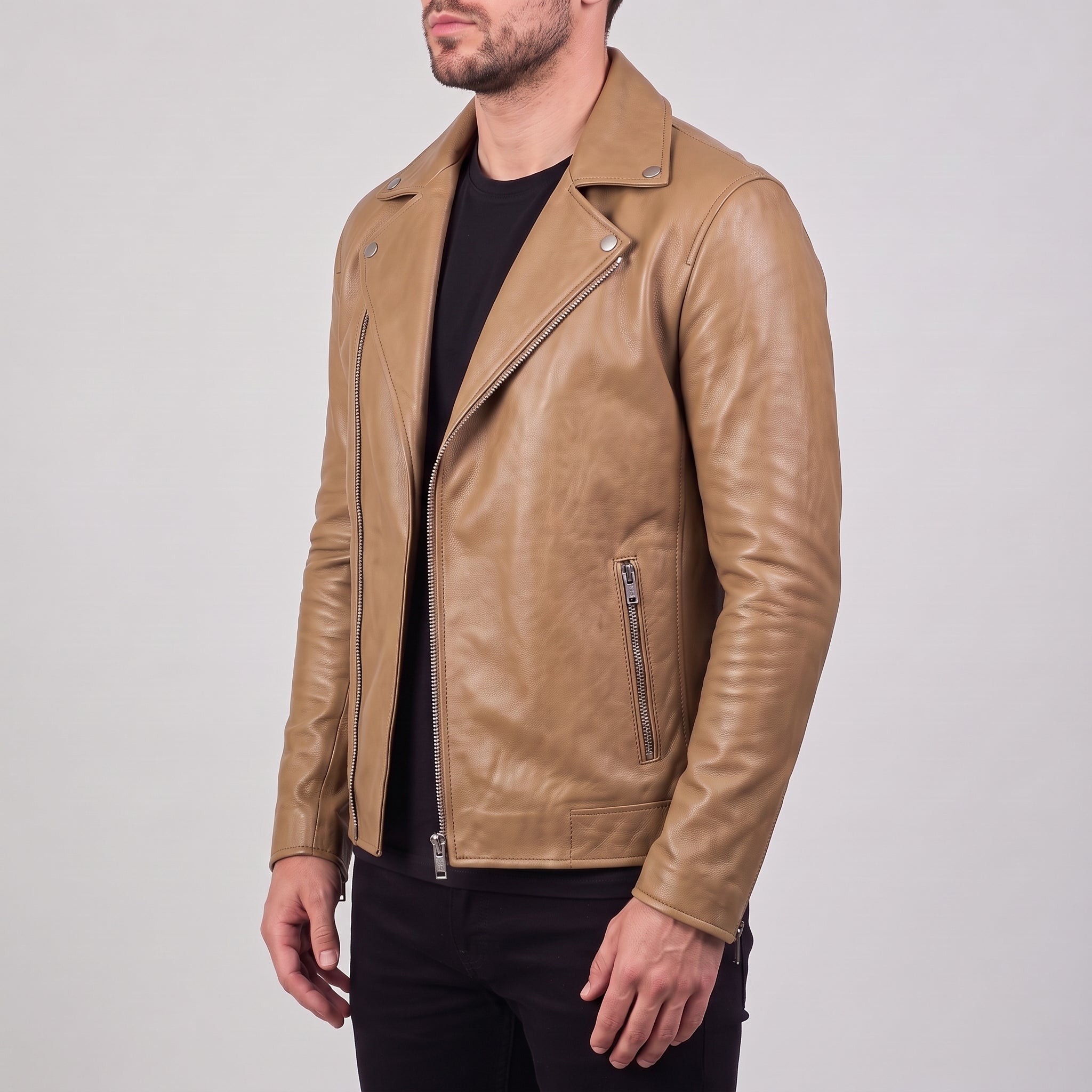 Men's Tan Asymmetric Zip Leather Biker Jacket — Claverley