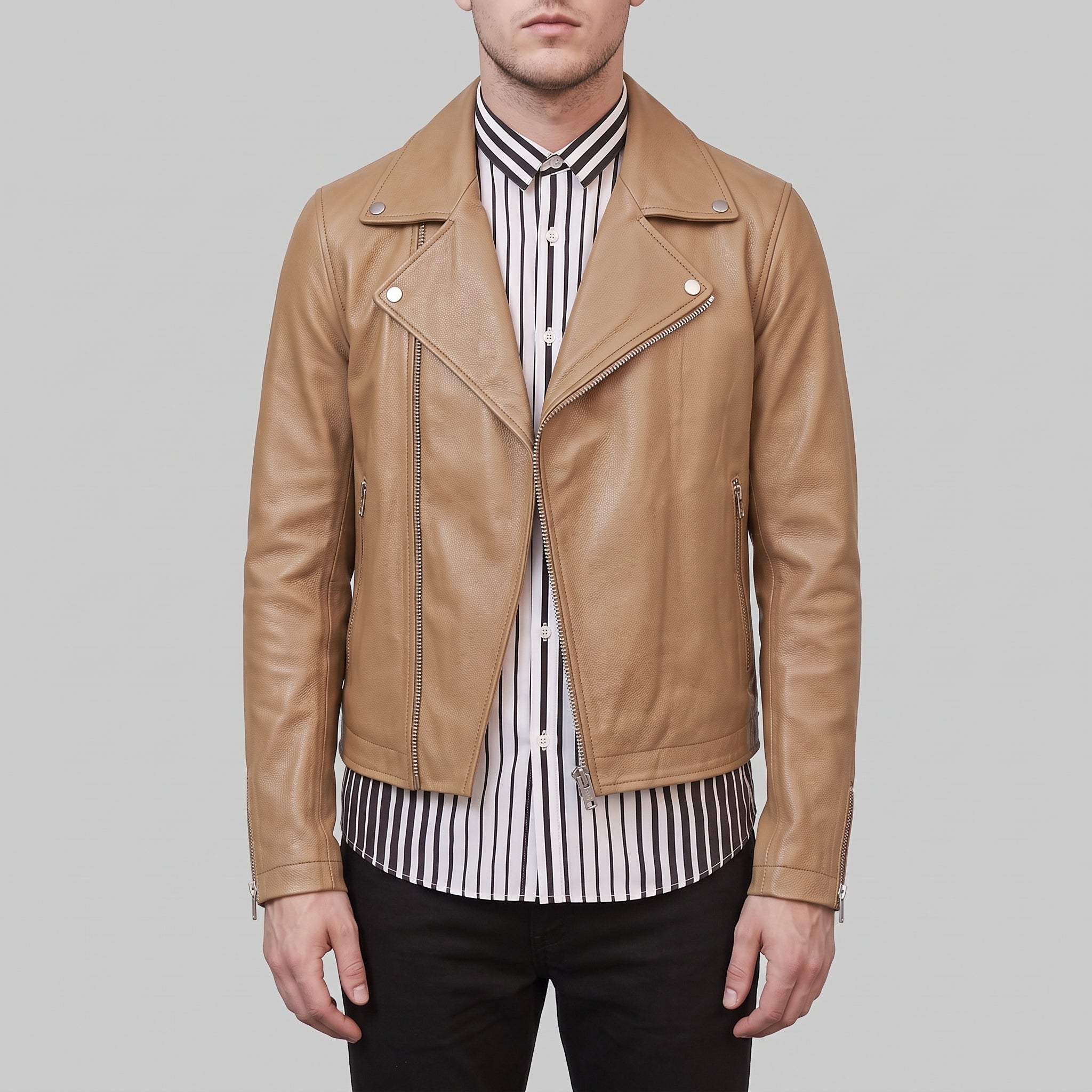 Men's Tan Asymmetric Zip Leather Perfecto Biker Jacket — Forrest