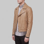 Men's Tan Asymmetric Zip Leather Perfecto Biker Jacket — Forrest