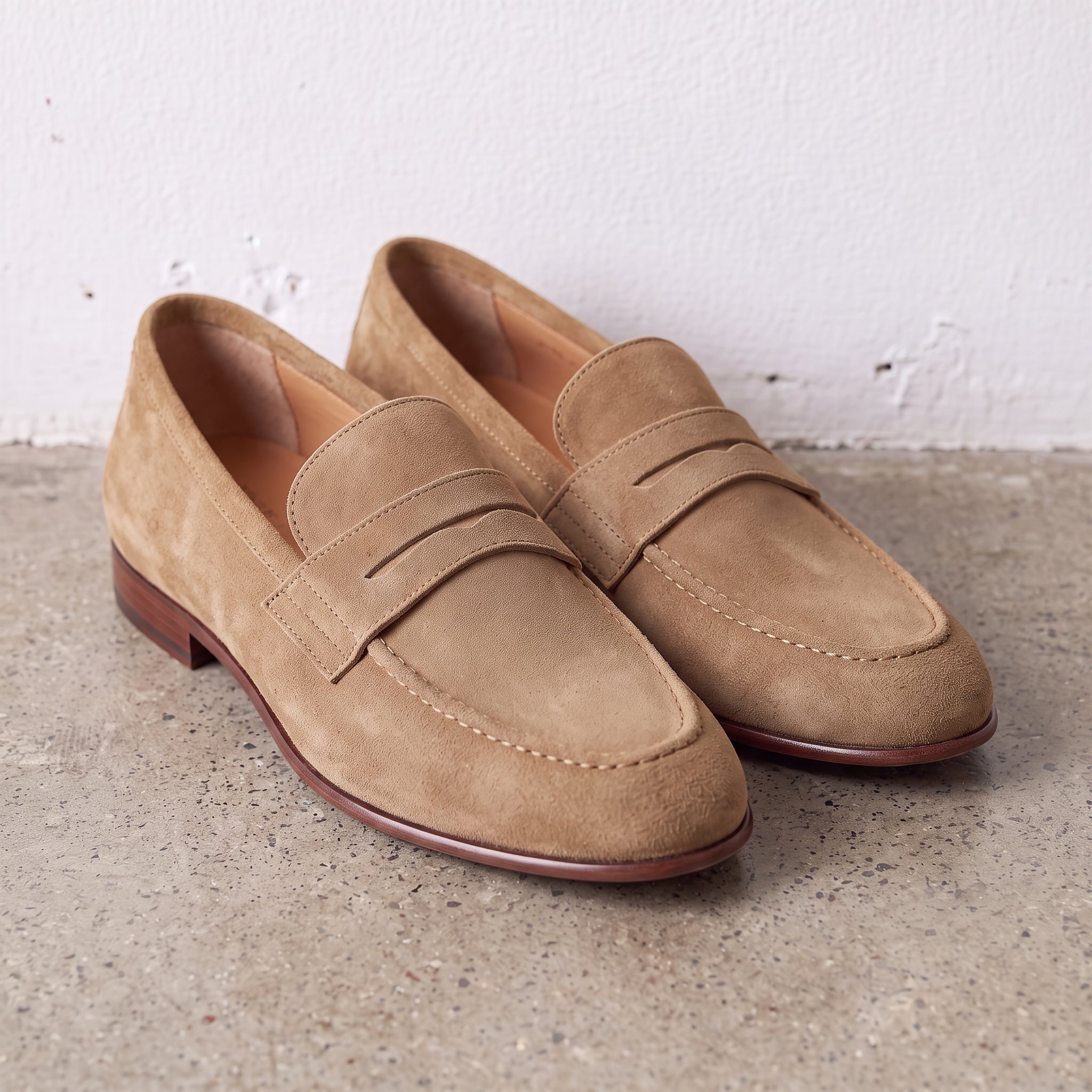 Men's Tan Suede Apron-Toe Penny Loafers — Bellingham