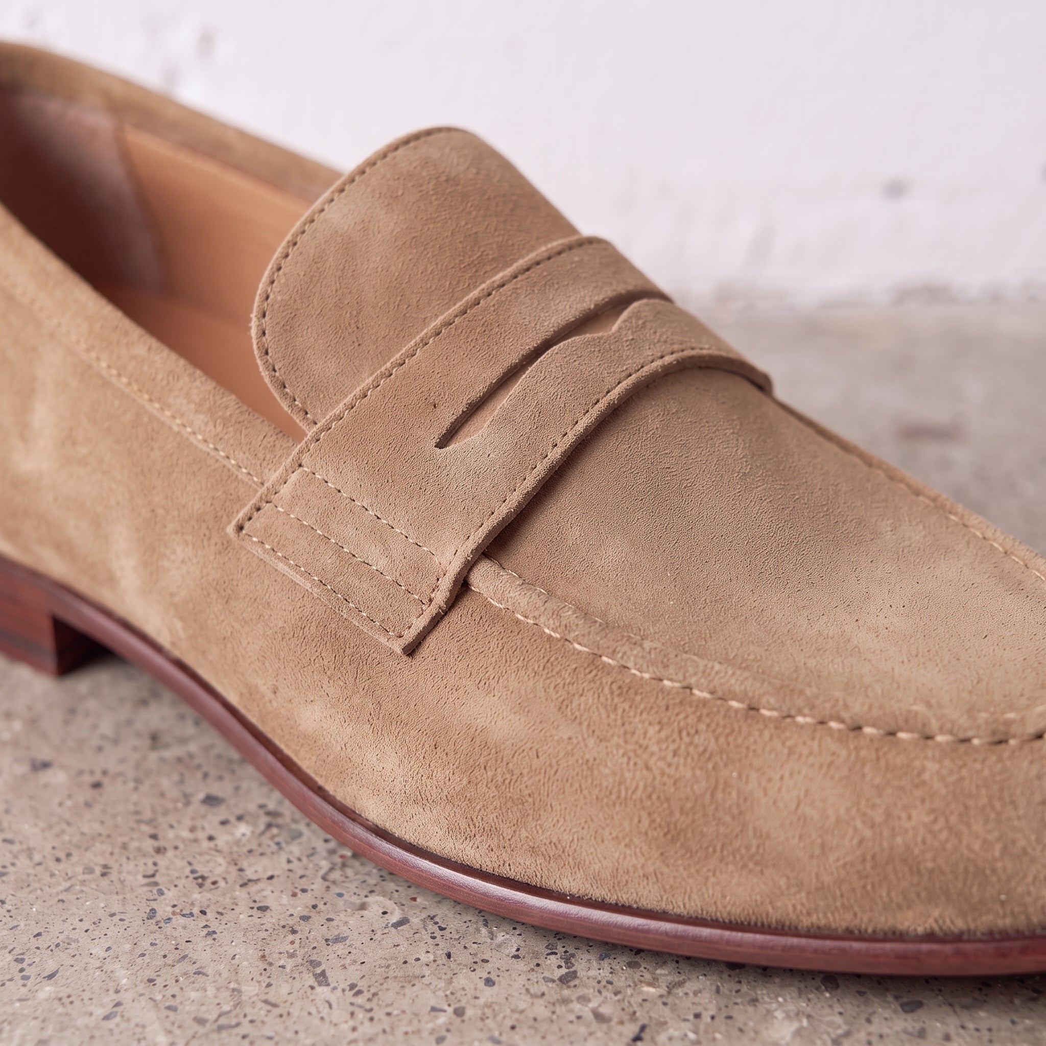 Men's Tan Suede Apron-Toe Penny Loafers — Bellingham