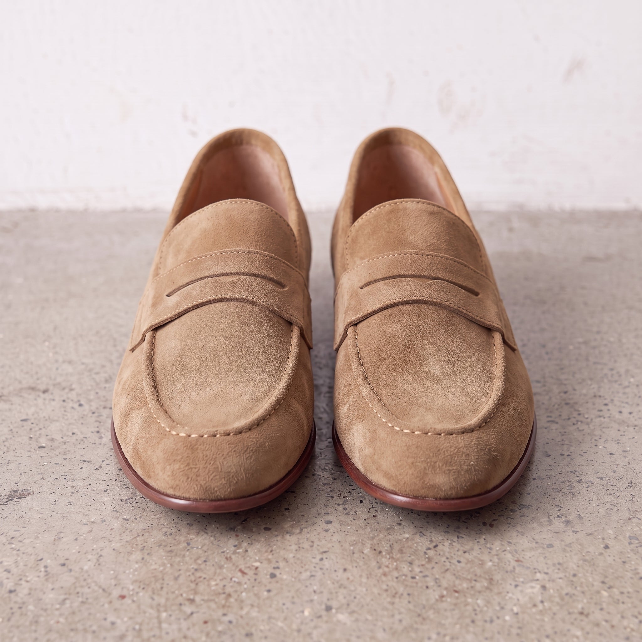 Men's Tan Suede Apron-Toe Penny Loafers — Bellingham