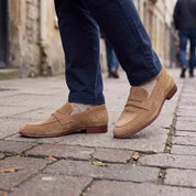 Men's Tan Suede Apron-Toe Penny Loafers — Bellingham