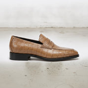 Men's Tan Cap-Toe Alligator-Embossed Leather Penny Loafers — Edwin