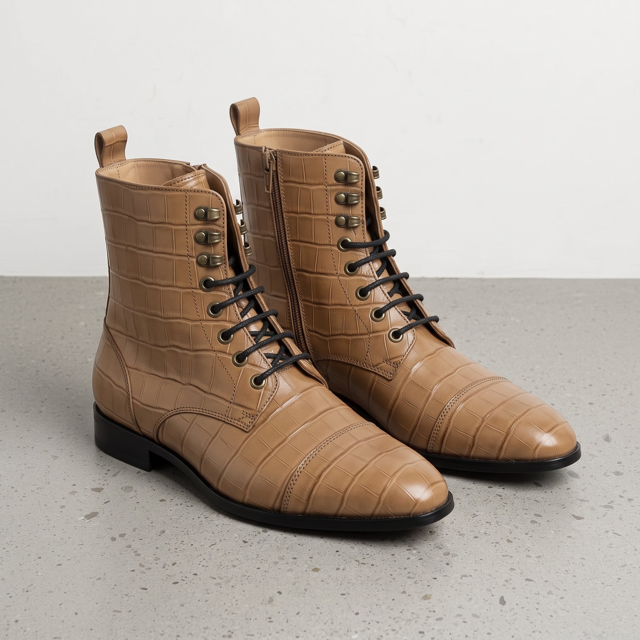 Men's Tan Crocodile-Embossed Leather Lace-Up Boots — Alderton