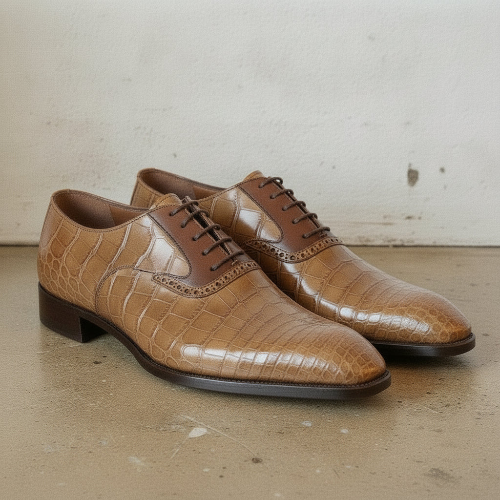 Men's Tan Cap-Toe Crocodile-Embossed Leather Oxfords — Ryde