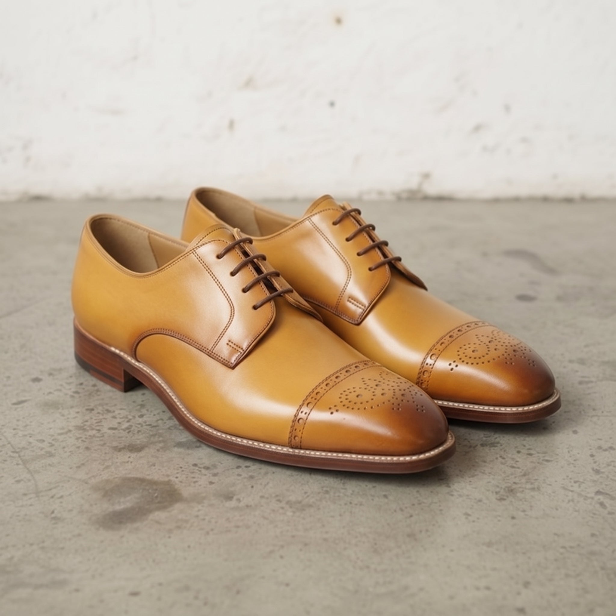 Men's Tan Semi-Brogue Cap-Toe Leather Derbys — Newgate