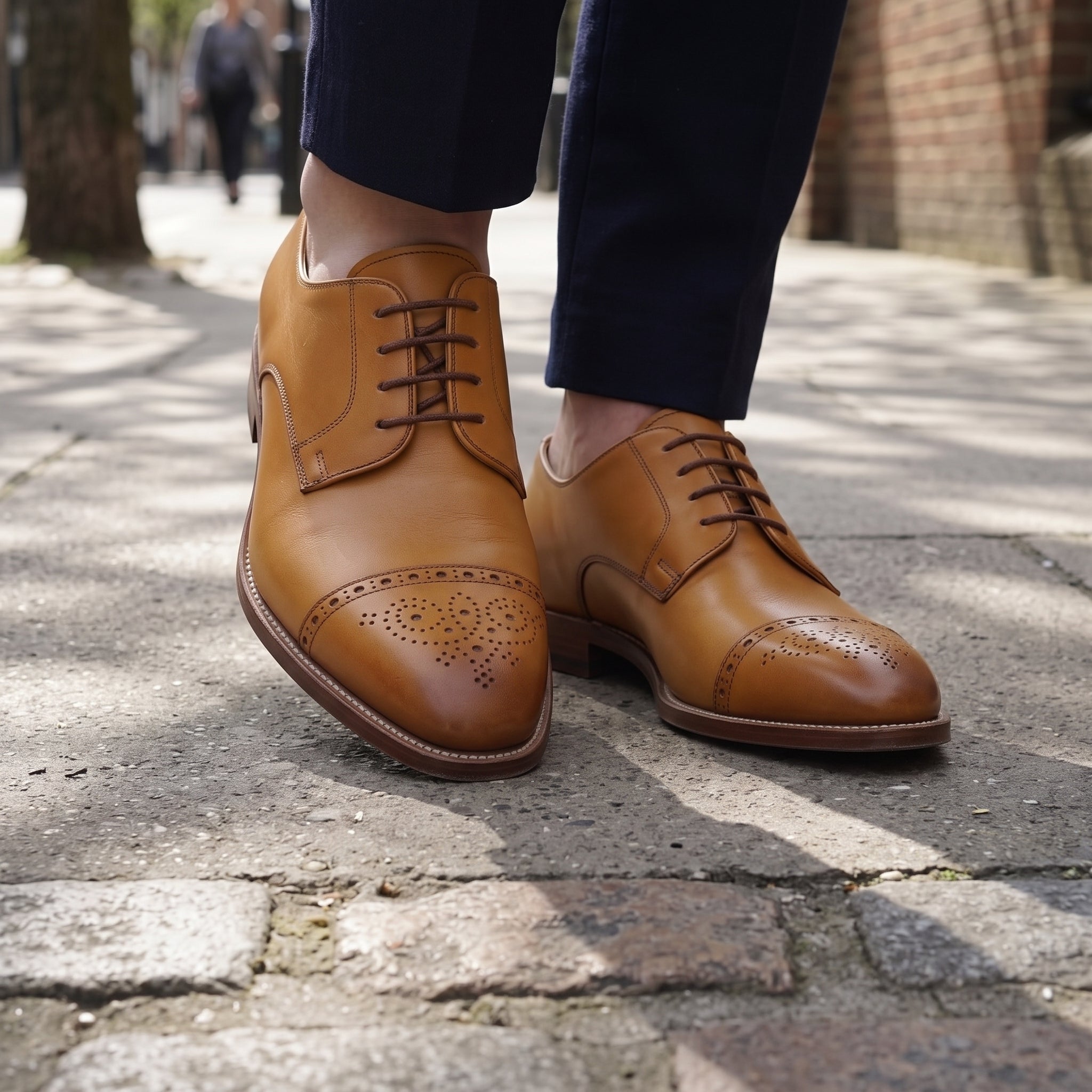 Men's Tan Semi-Brogue Cap-Toe Leather Derbys — Newgate