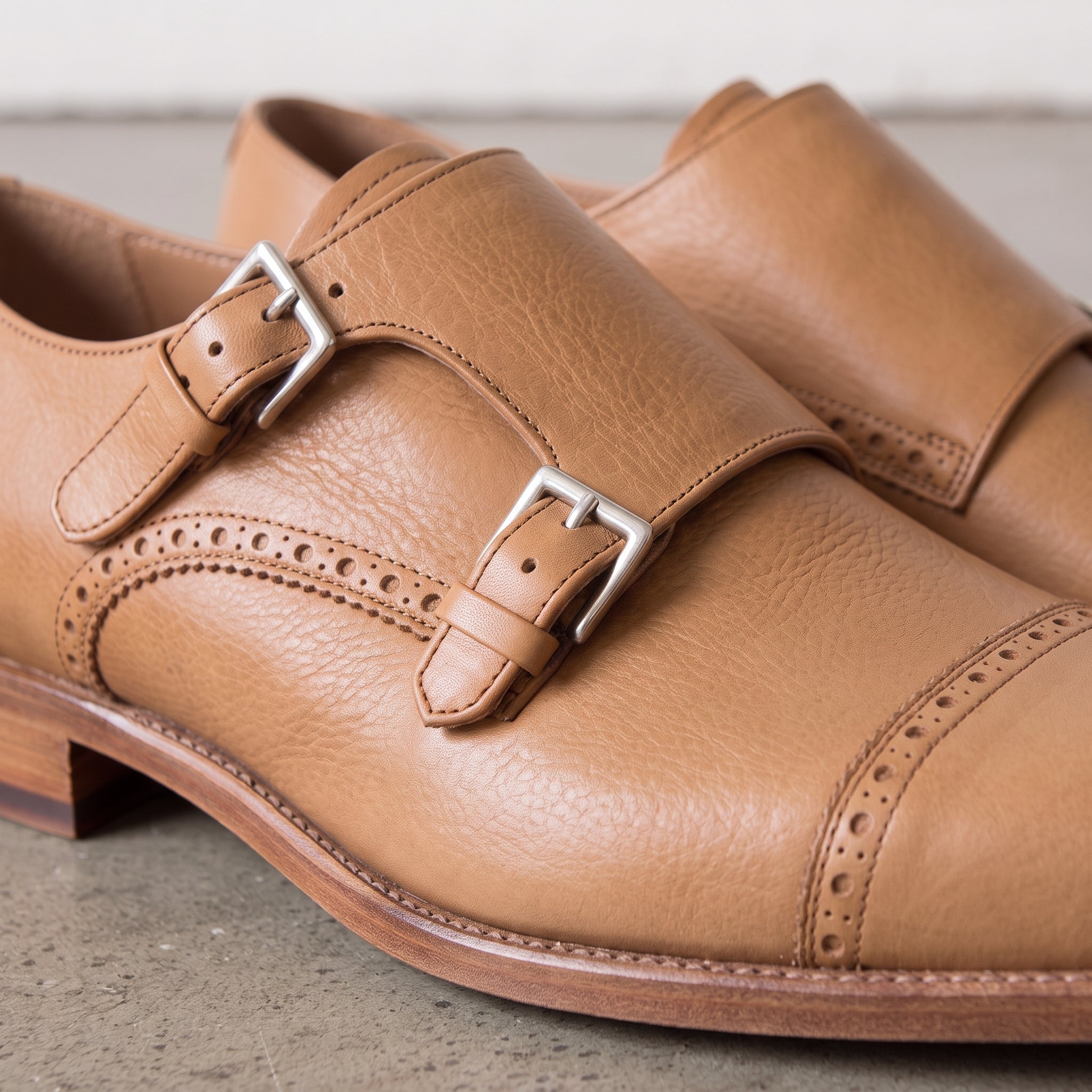 Men's Tan Cap-Toe Leather Double Monk Strap Shoes — Hitchley